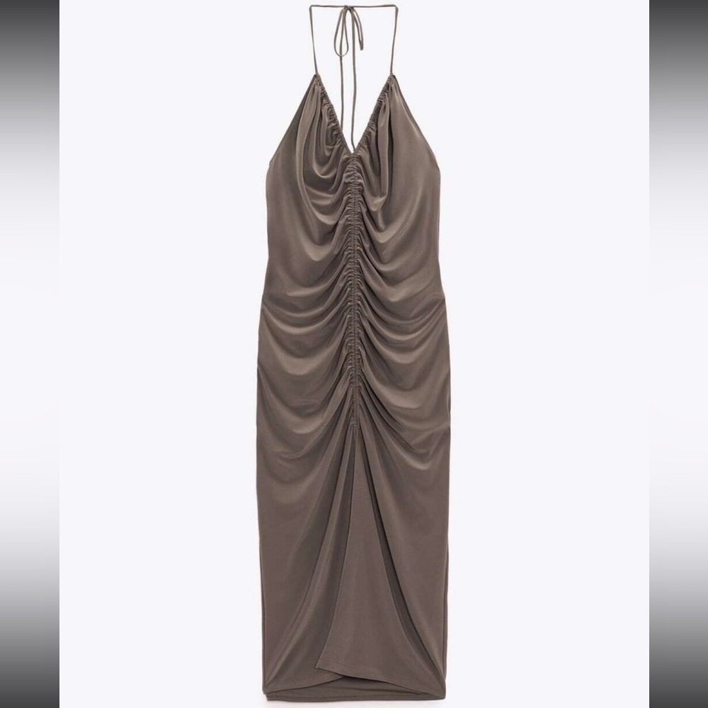 Zara Ruched Midi Bodycon Halter Neck Dress in Mink Size Small Party Vacation